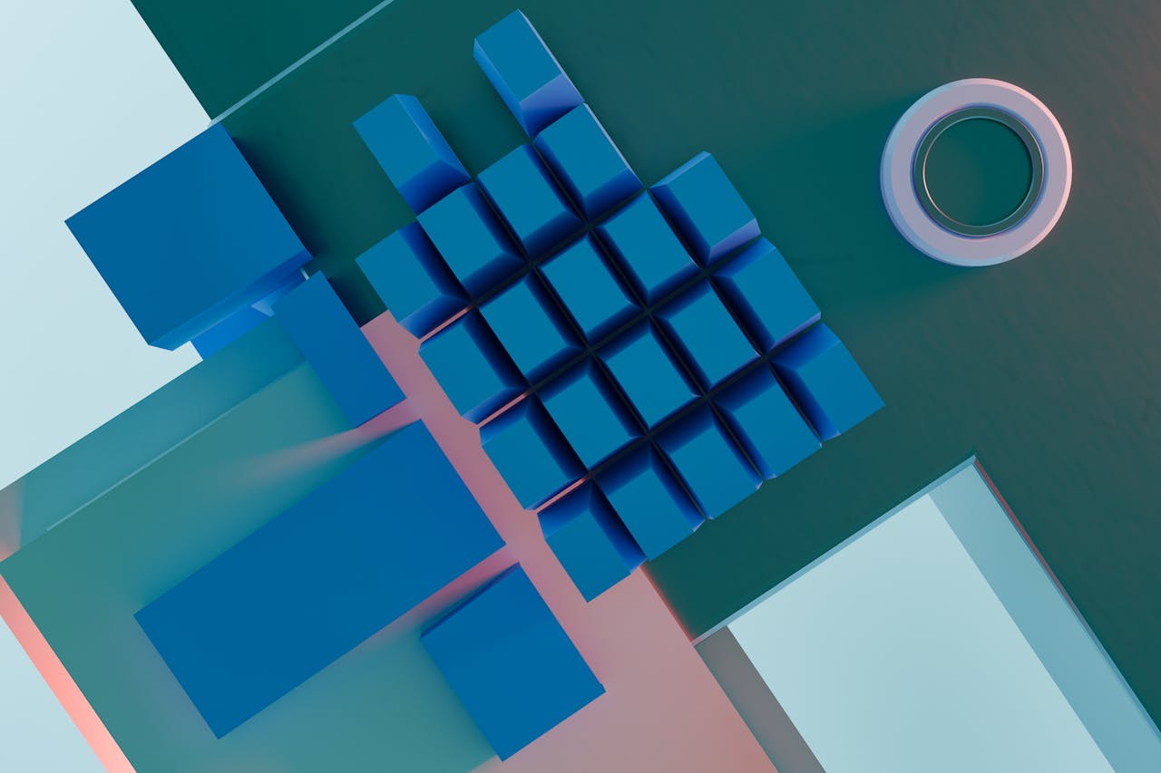 3D render of geometric shapes with a pastel color palette, ideal for modern backgrounds.