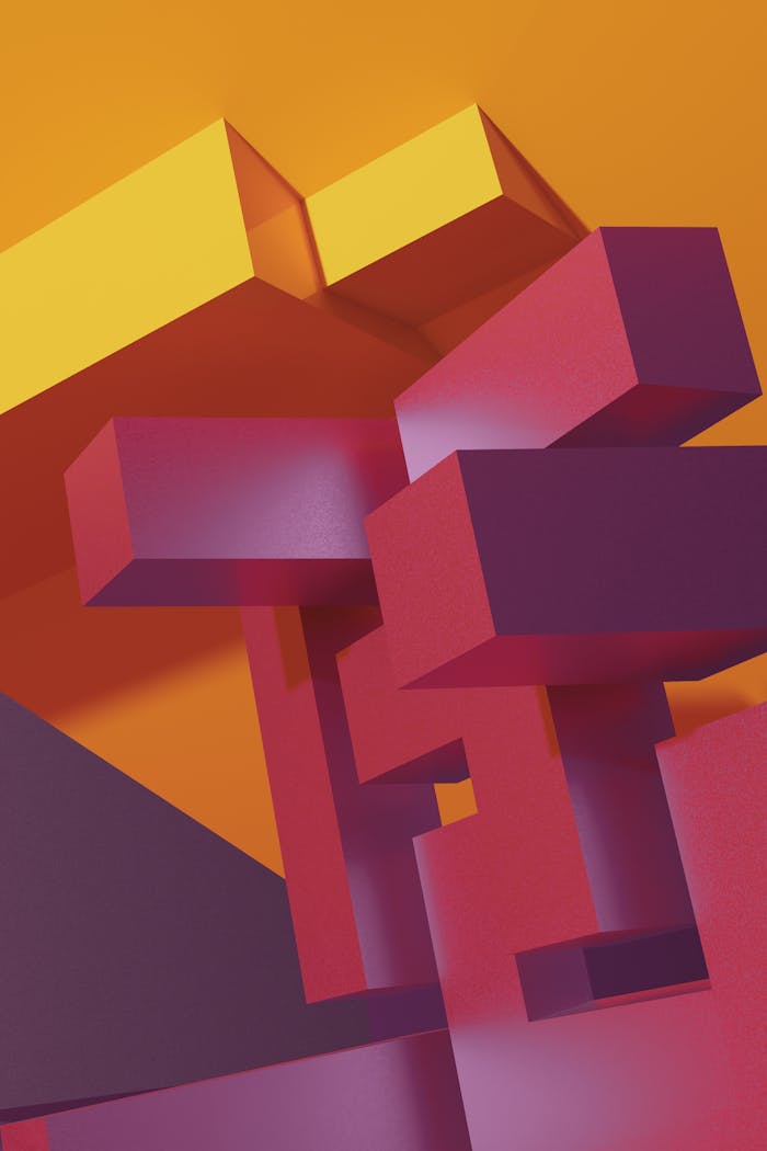 Dynamic 3D abstract artwork featuring geometric shapes in vibrant colors.