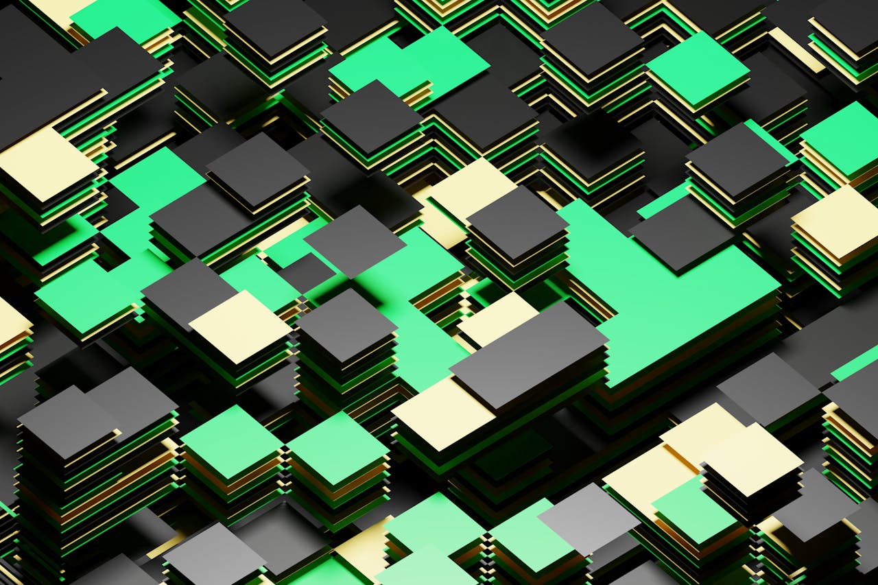 Modern 3D geometric pattern in green, black, and beige colors creating an abstract design.